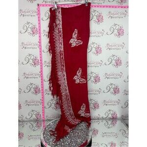 Wayan natural wear wrap scarf tie dye Butterfly Print Fringe Scarf in Deep Red
